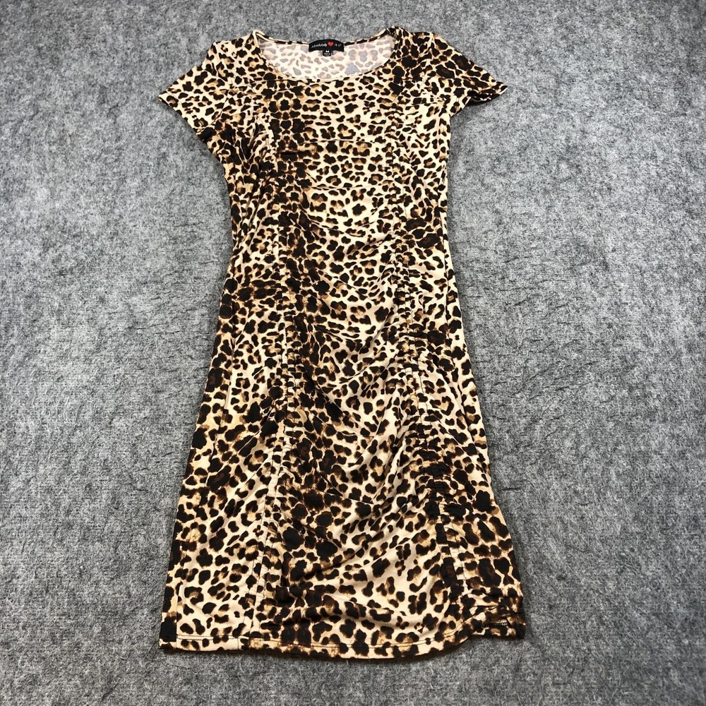Absolutely Love It Womens M Brown Leopard‎ Ruched Bodycon Dress Short Sleeve